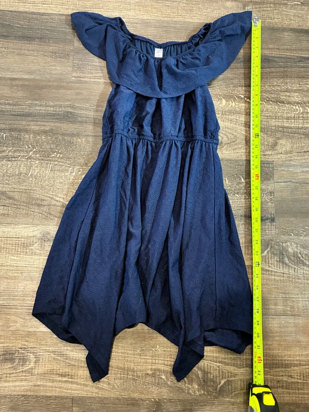 Justice Girls Navy Off-the-Shoulder Ruffle Handkerchief Hem Dress